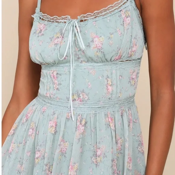 Lulus Flirty Dreamer Sage Floral Bustier Lace Ribbon Mini Dress Cottagecore NWT - Picture 2 of 6